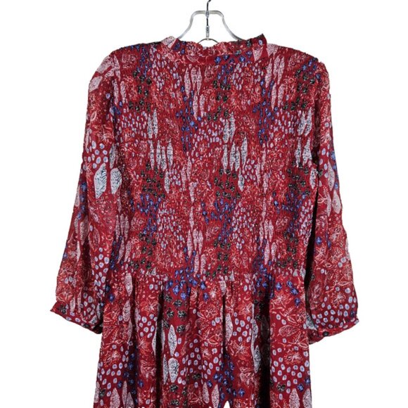 Loft Garden Smocked Bodice Tiered Maxi Dress Floral Long Sleeve Red 12 Large NWT - Picture 10 of 16